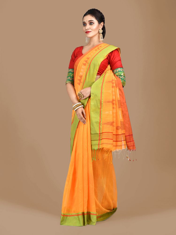 Yellow Blended Cotton Hand woven Saree