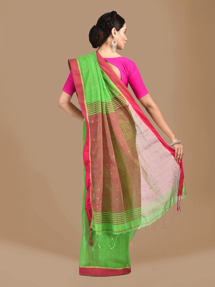 Green and Pink border Blended Cotton Hand woven saree with sequin work