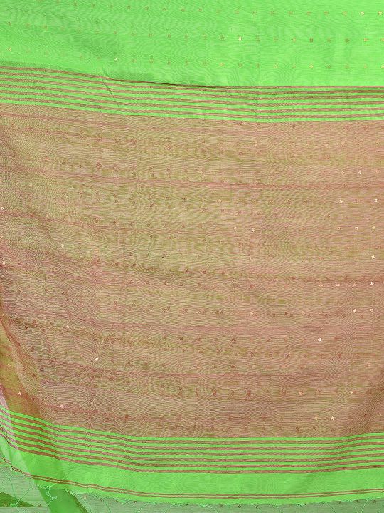 Green and Pink border Blended Cotton Hand woven saree with sequin work