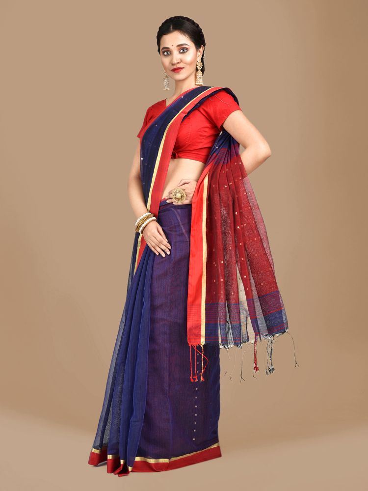 Blue and Red border Blended Cotton Hand woven saree with sequin work