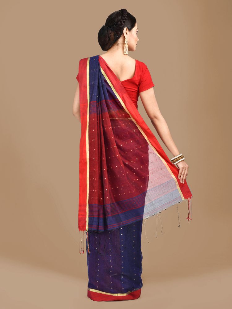 Blue and Red border Blended Cotton Hand woven saree with sequin work