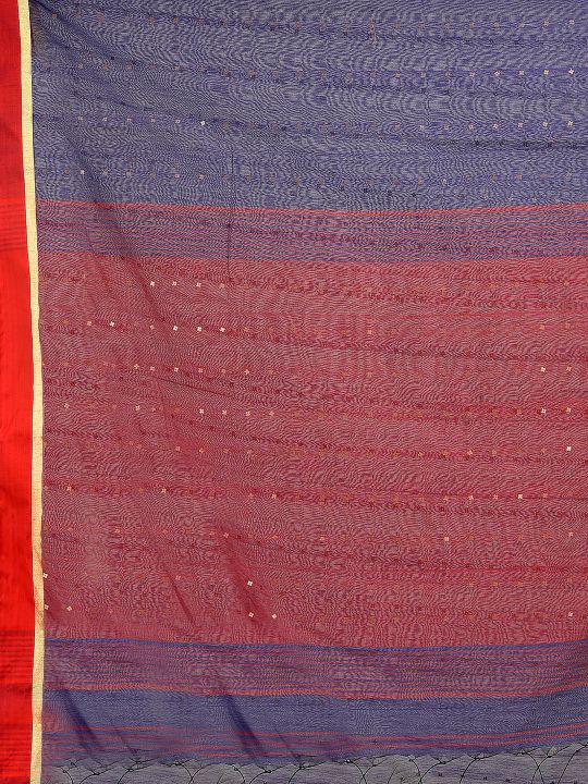 Blue and Red border Blended Cotton Hand woven saree with sequin work