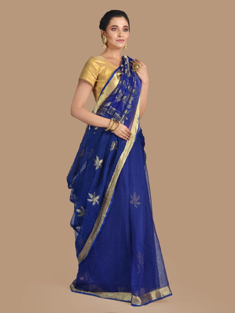 Blue Blended Cotton Hand woven Saree with zari work