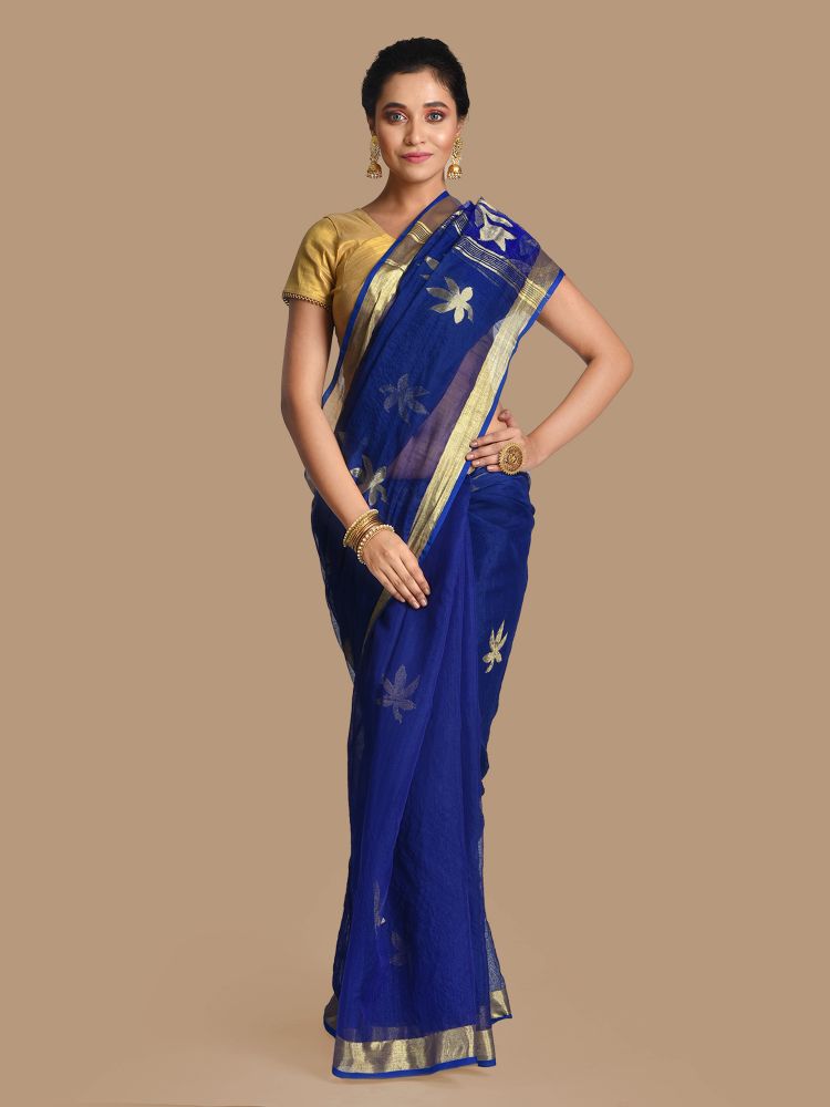 Blue Blended Cotton Hand woven Saree with zari work