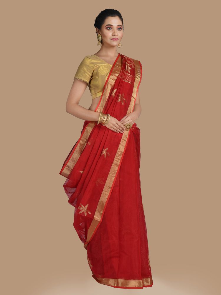 Red Blended Cotton Hand woven Saree with zari work