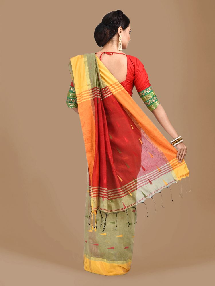 Beige Blended Cotton Hand woven Saree with Red pallu