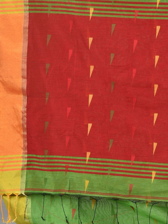 Beige Blended Cotton Hand woven Saree with Red pallu