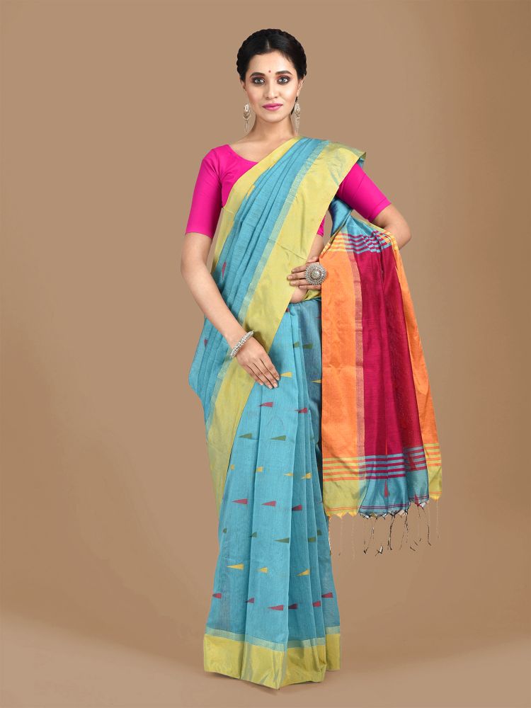 Blue Blended Cotton Hand woven Saree with Magenta pallu