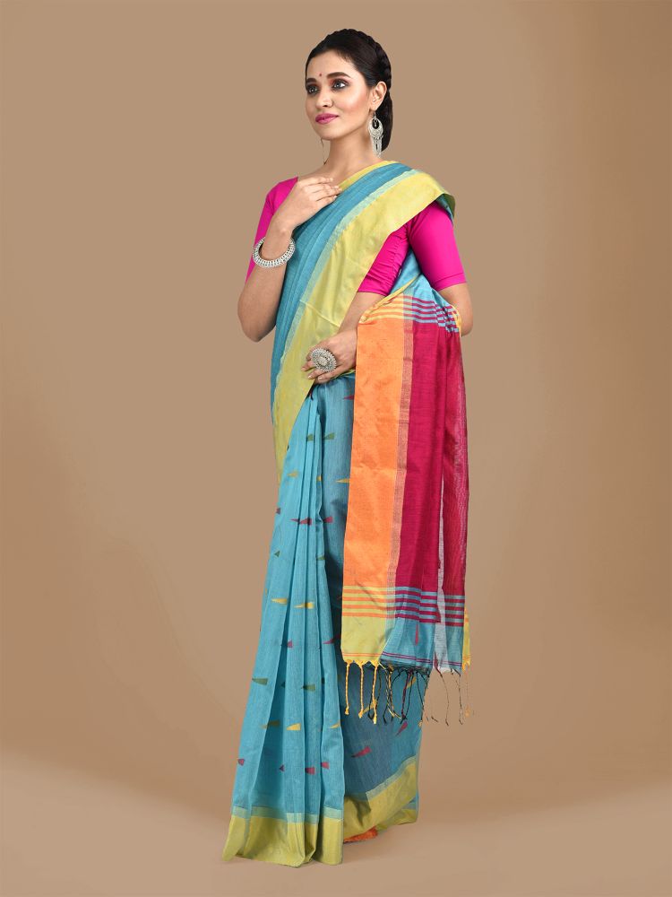 Blue Blended Cotton Hand woven Saree with Magenta pallu