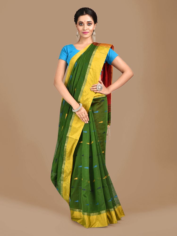 Bottol Green Blended Cotton Hand woven Saree with Red pallu