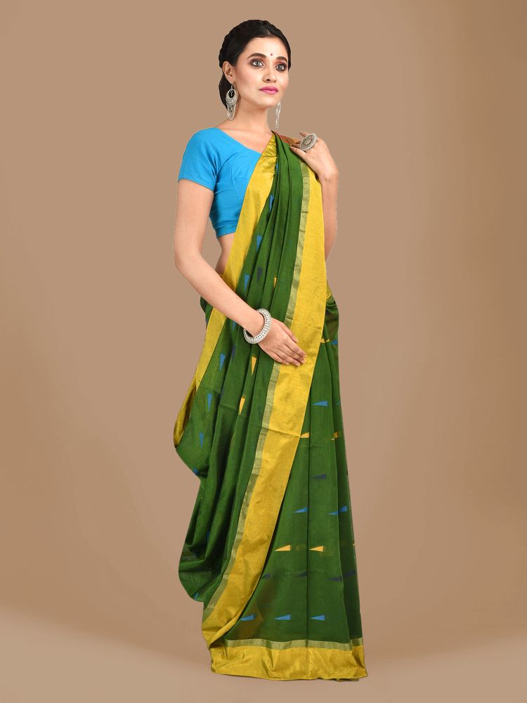 Bottol Green Blended Cotton Hand woven Saree with Red pallu