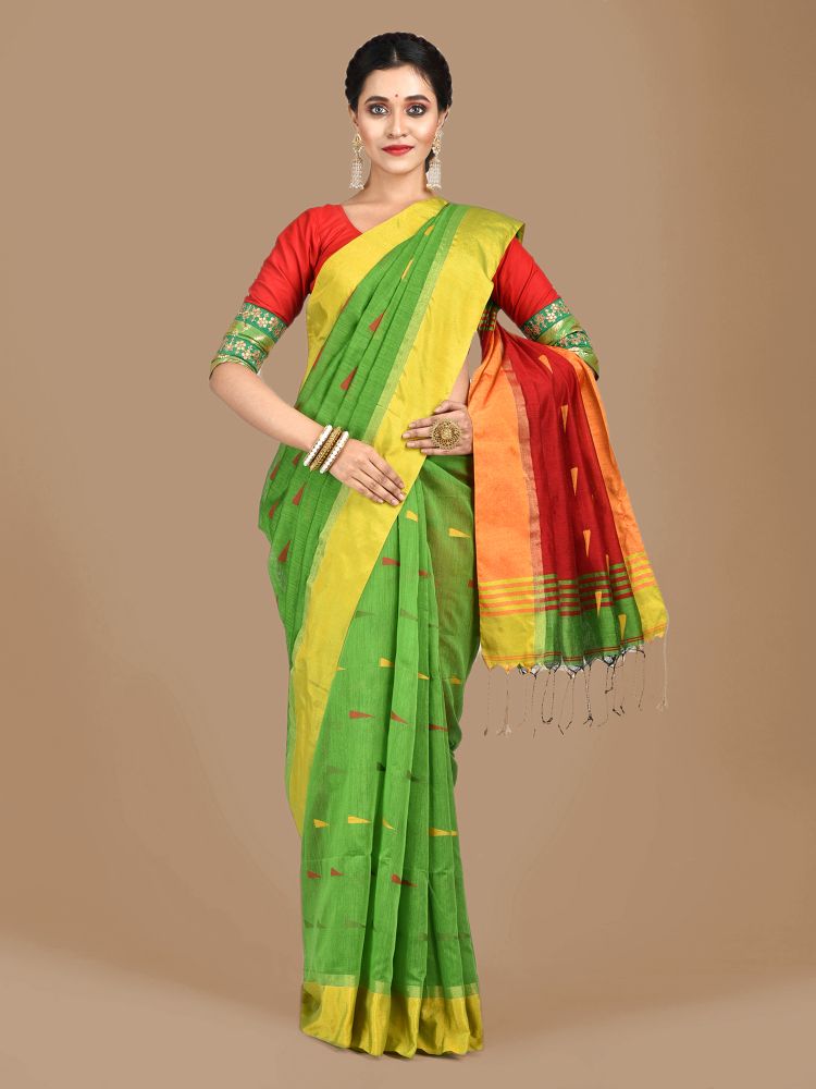 Light Green Blended Cotton Hand woven Saree with Red pallu