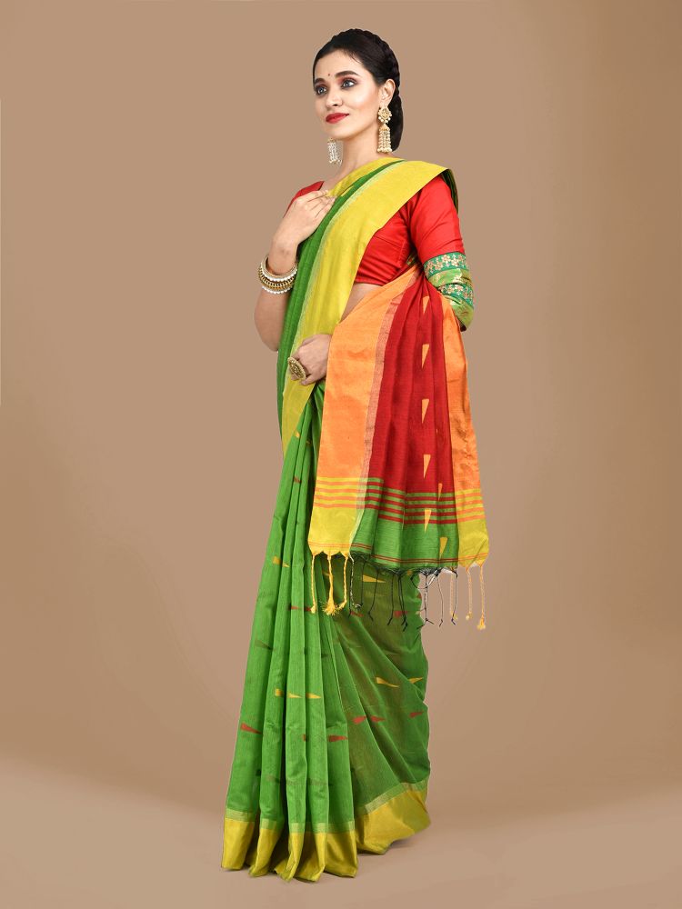 Light Green Blended Cotton Hand woven Saree with Red pallu