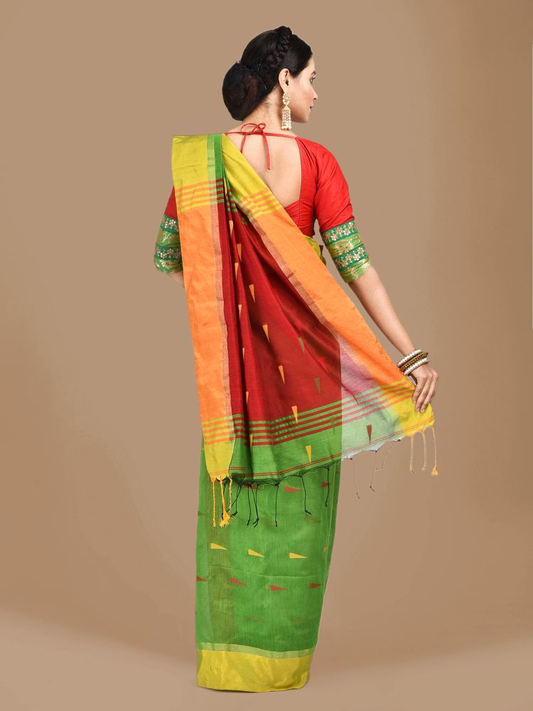 Light Green Blended Cotton Hand woven Saree with Red pallu