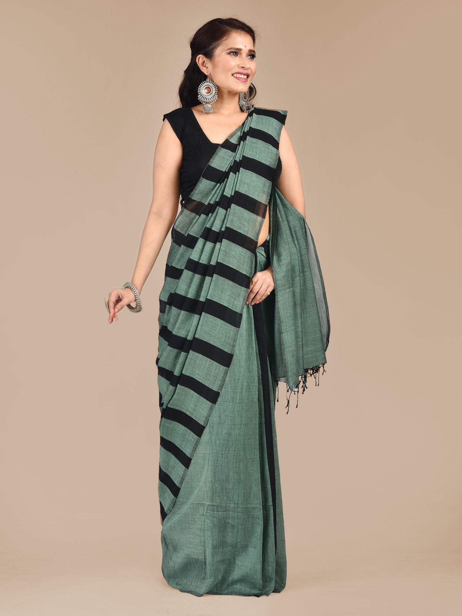 Green Handspun pure cotton half stripe woven saree