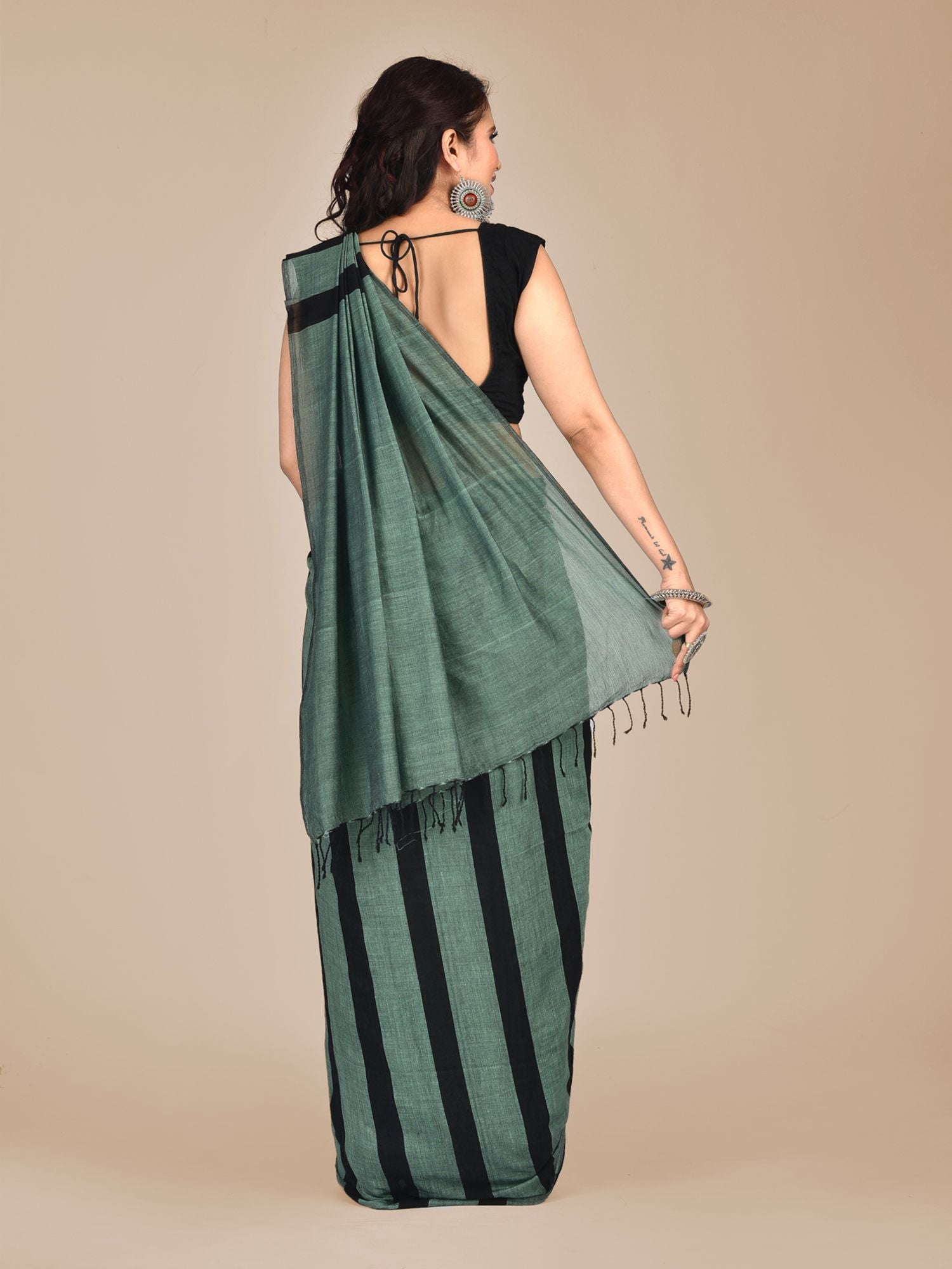 Green Handspun pure cotton half stripe woven saree