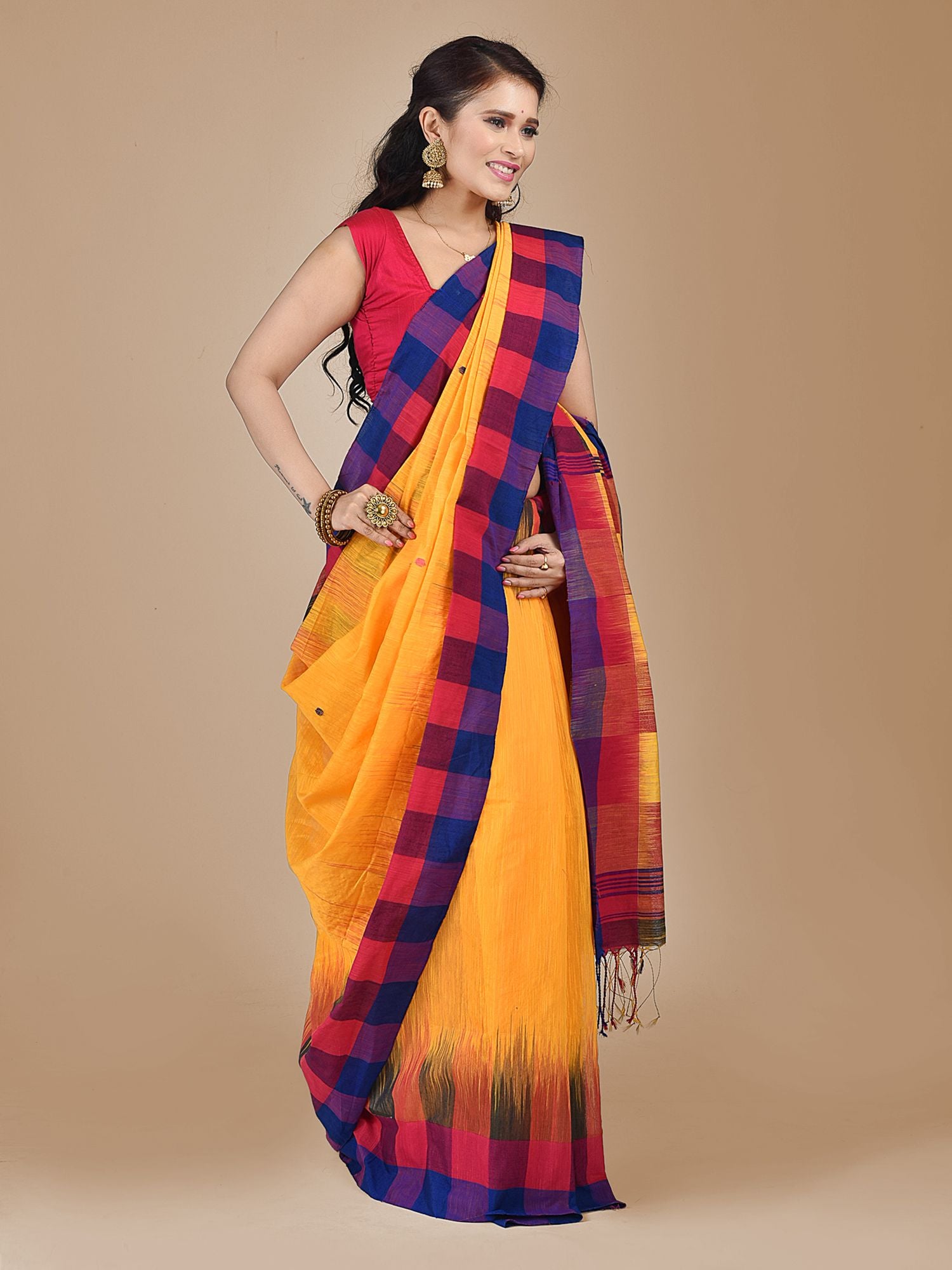 Yellow Blended Cotton saree with contrast pallu