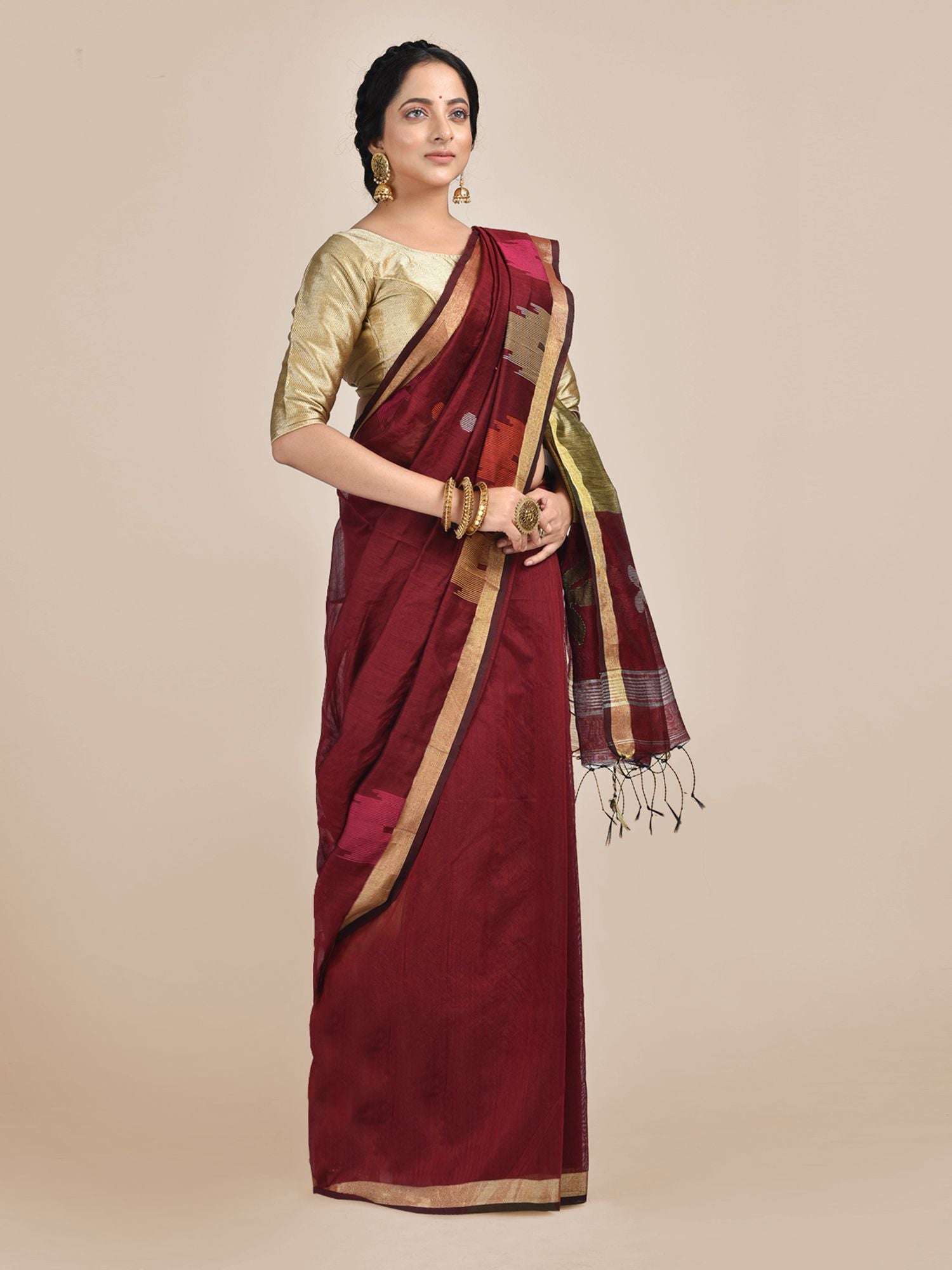 Maroon Hand woven Blended Cotton temple border saree