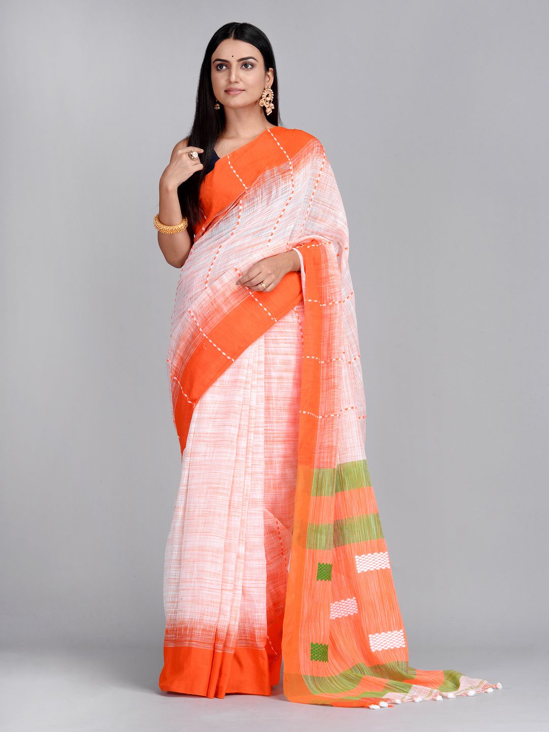 Off White & Orange Handwoven Cotton Saree