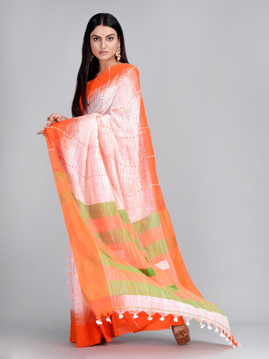 Off White & Orange Handwoven Cotton Saree