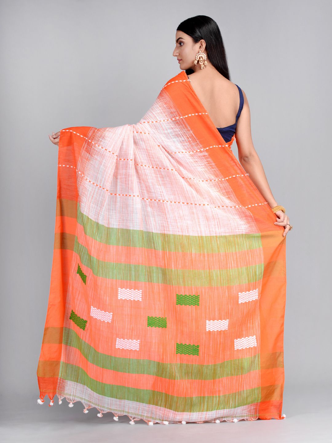 Off White & Orange Handwoven Cotton Saree