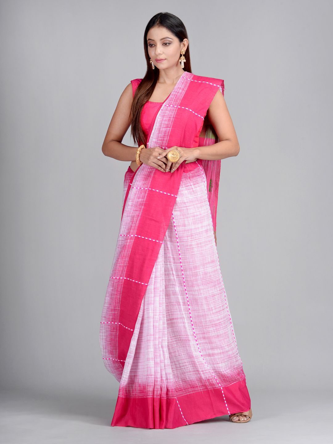 Off White & Pink Handwoven Cotton Saree