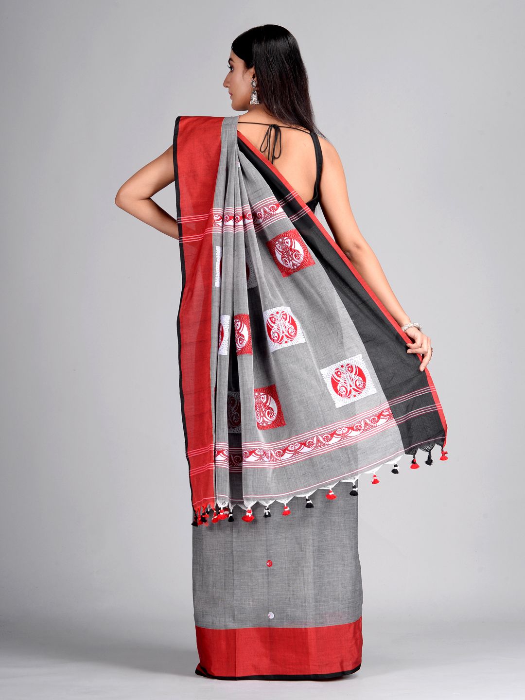 Ash & Red  Cotton Handwoven Saree with thread work