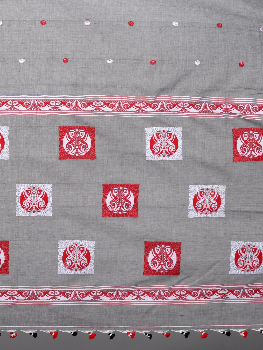 Ash & Red  Cotton Handwoven Saree with thread work