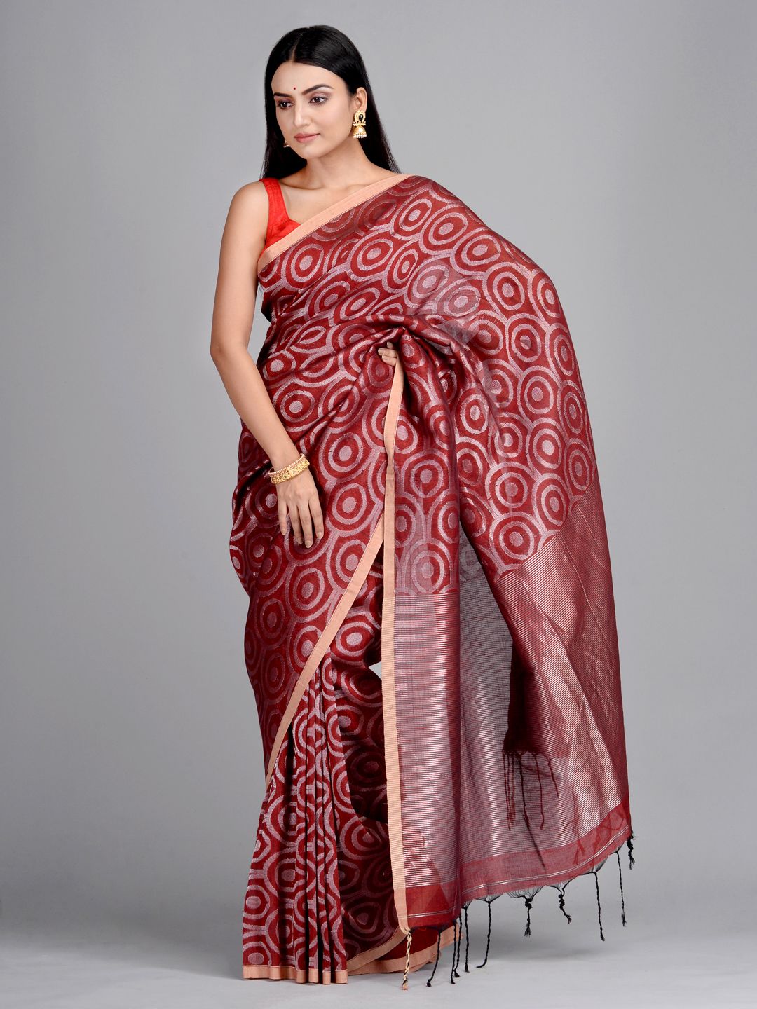 Maroon Hand Woven Cotton Linen Designer Saree