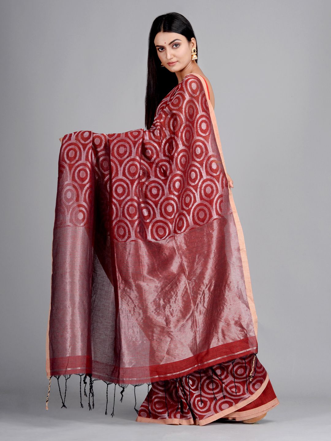 Maroon Hand Woven Cotton Linen Designer Saree