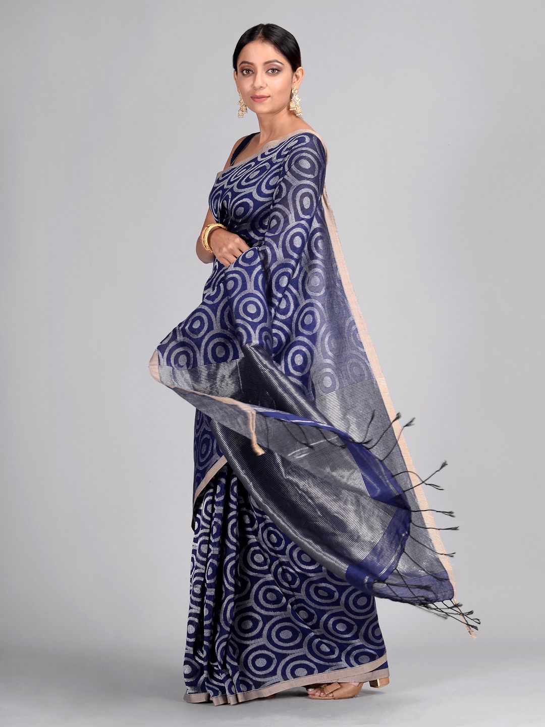 Blue Hand Woven Cotton Linen Designer Saree