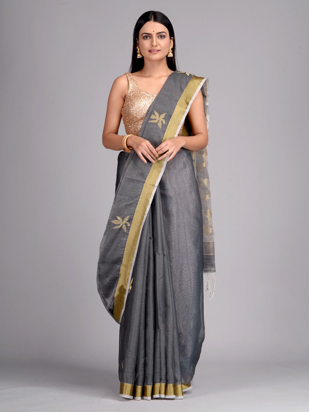 Metallic Silk Cotton Hand Woven Saree with Jamdani work in pallu