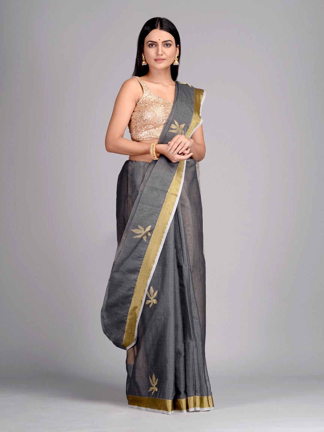 Metallic Silk Cotton Hand Woven Saree with Jamdani work in pallu