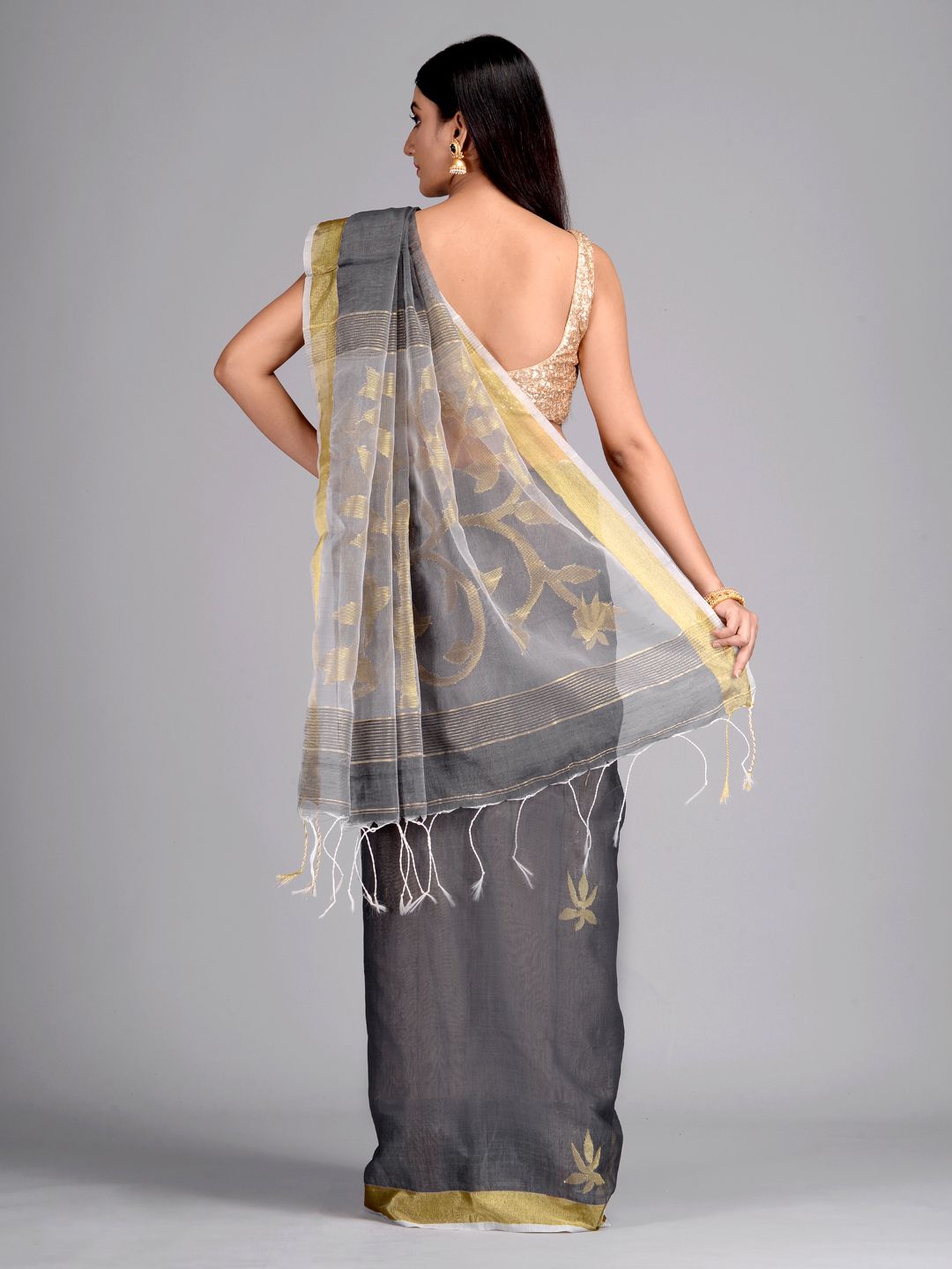 Metallic Silk Cotton Hand Woven Saree with Jamdani work in pallu