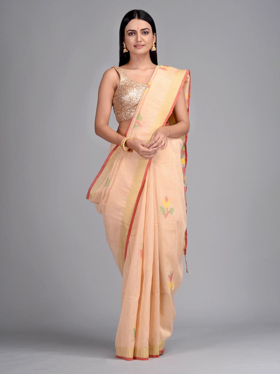 Light pink Matka Silk Hand woven Saree with Jamdani work in pallu