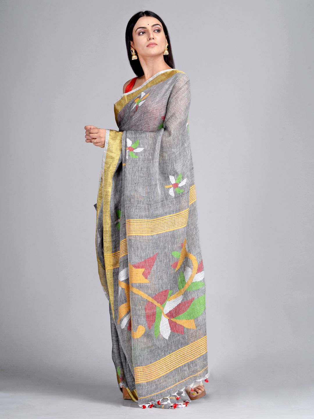 Grey Hand Woven Linen Saree with Jamdani Work in Pallu