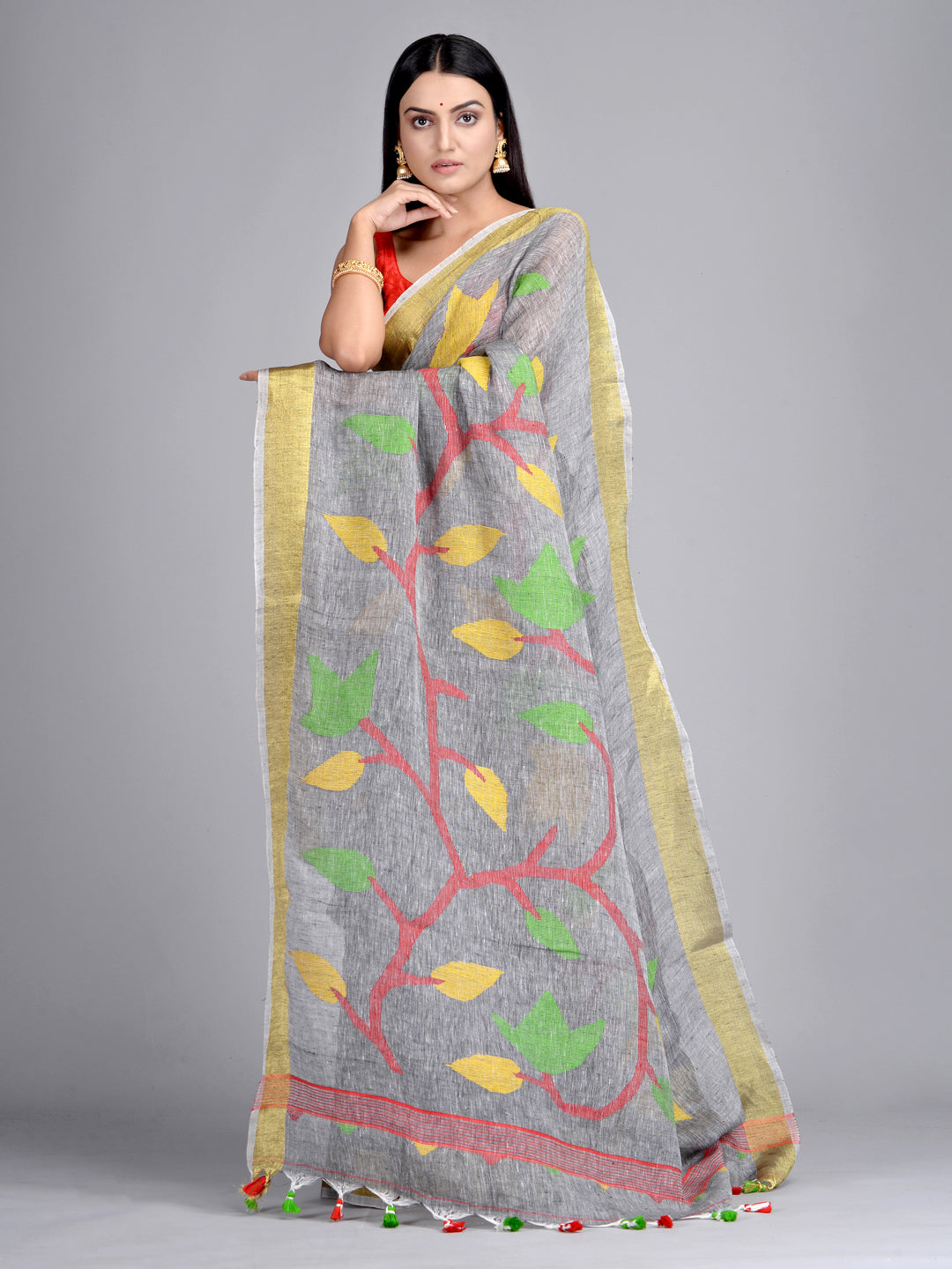 Grey Pure Linen Hand Woven Saree with Jamdani Work in Pallu