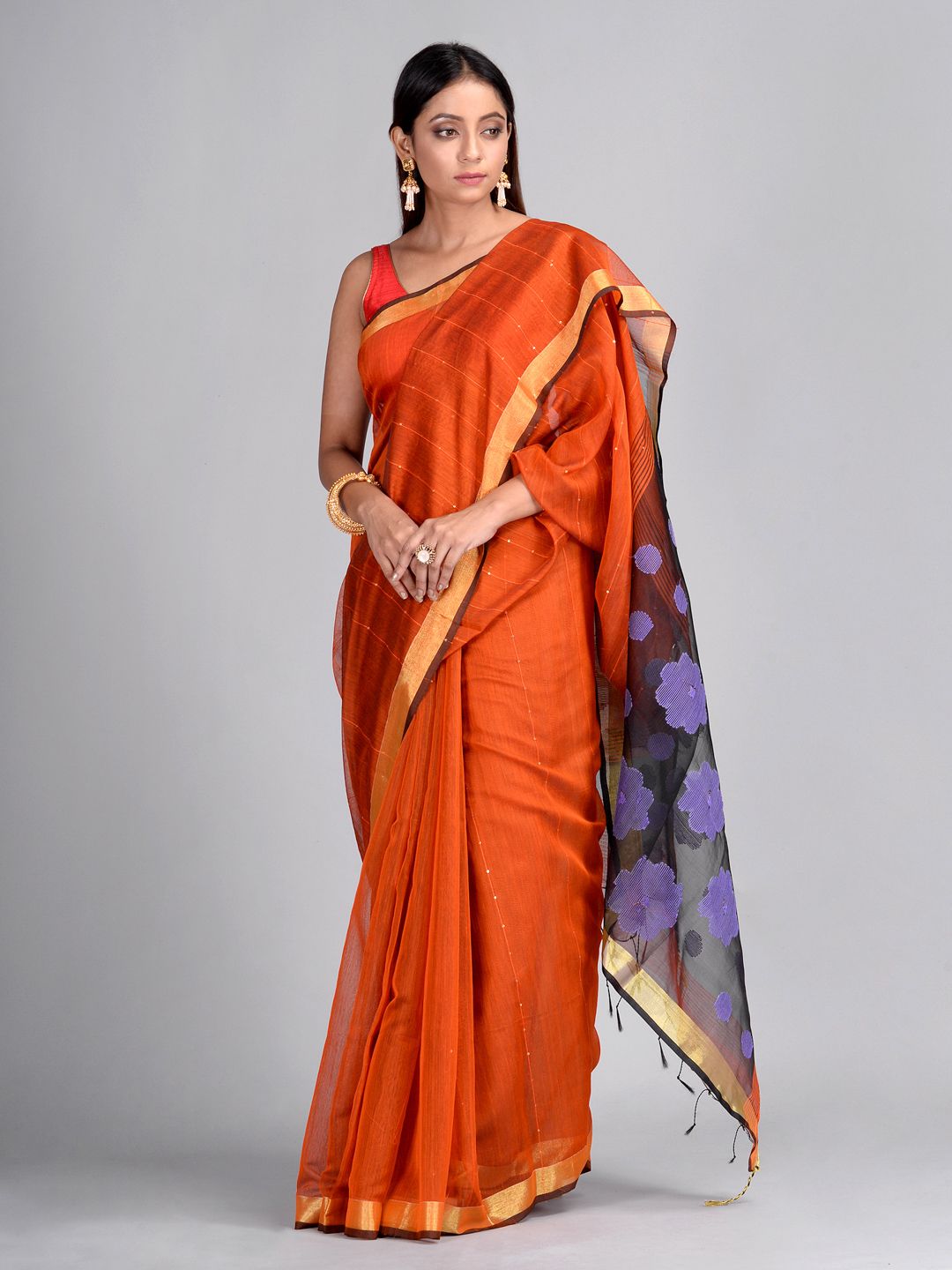 Rust Hand woven Sequin Saree with polka dots in pallu