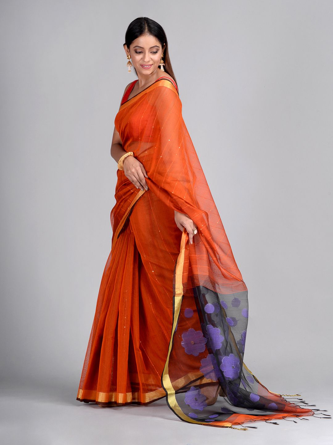 Rust Hand woven Sequin Saree with polka dots in pallu