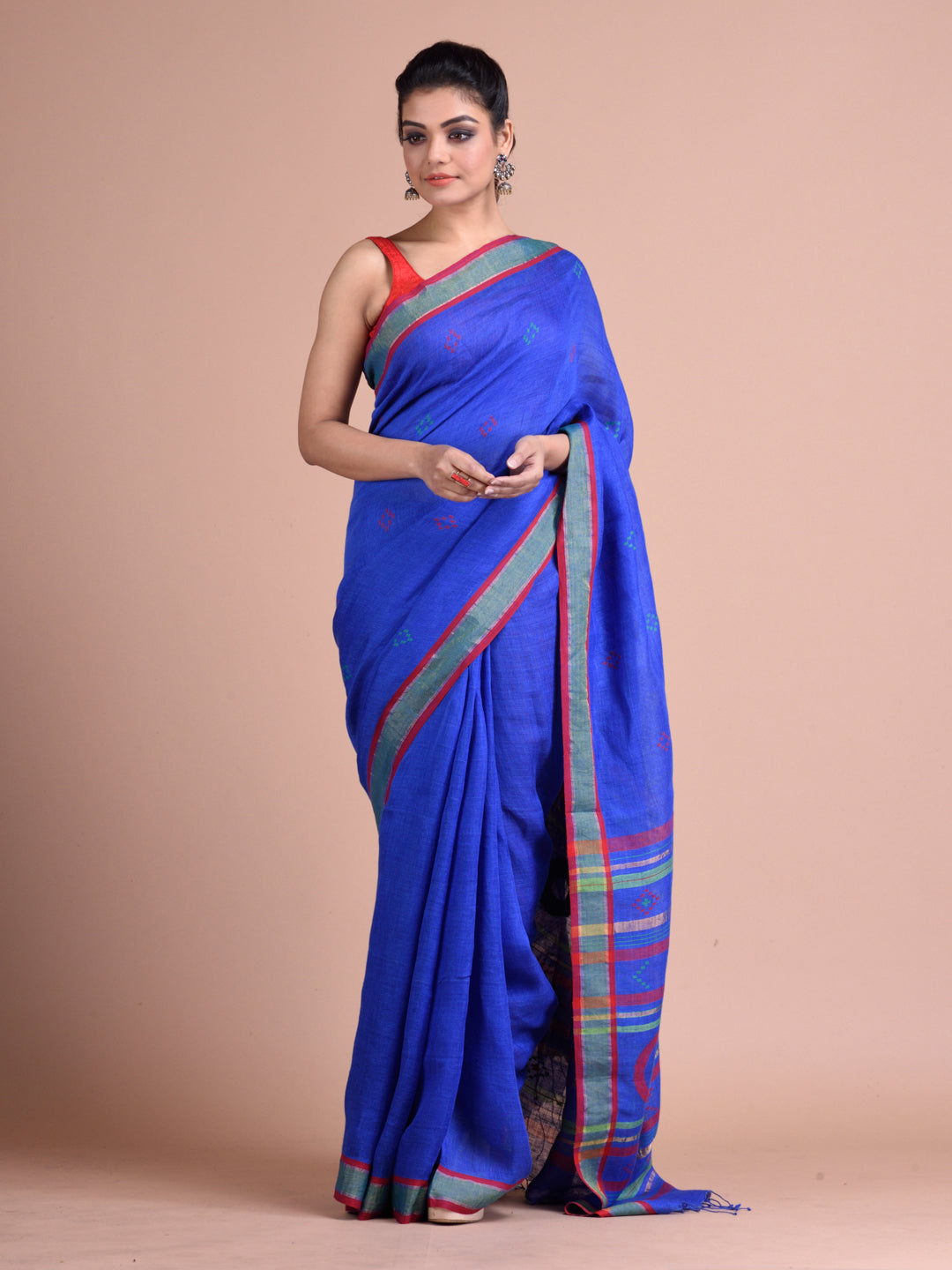 Cobalt Blue Linen Saree With Zari Border