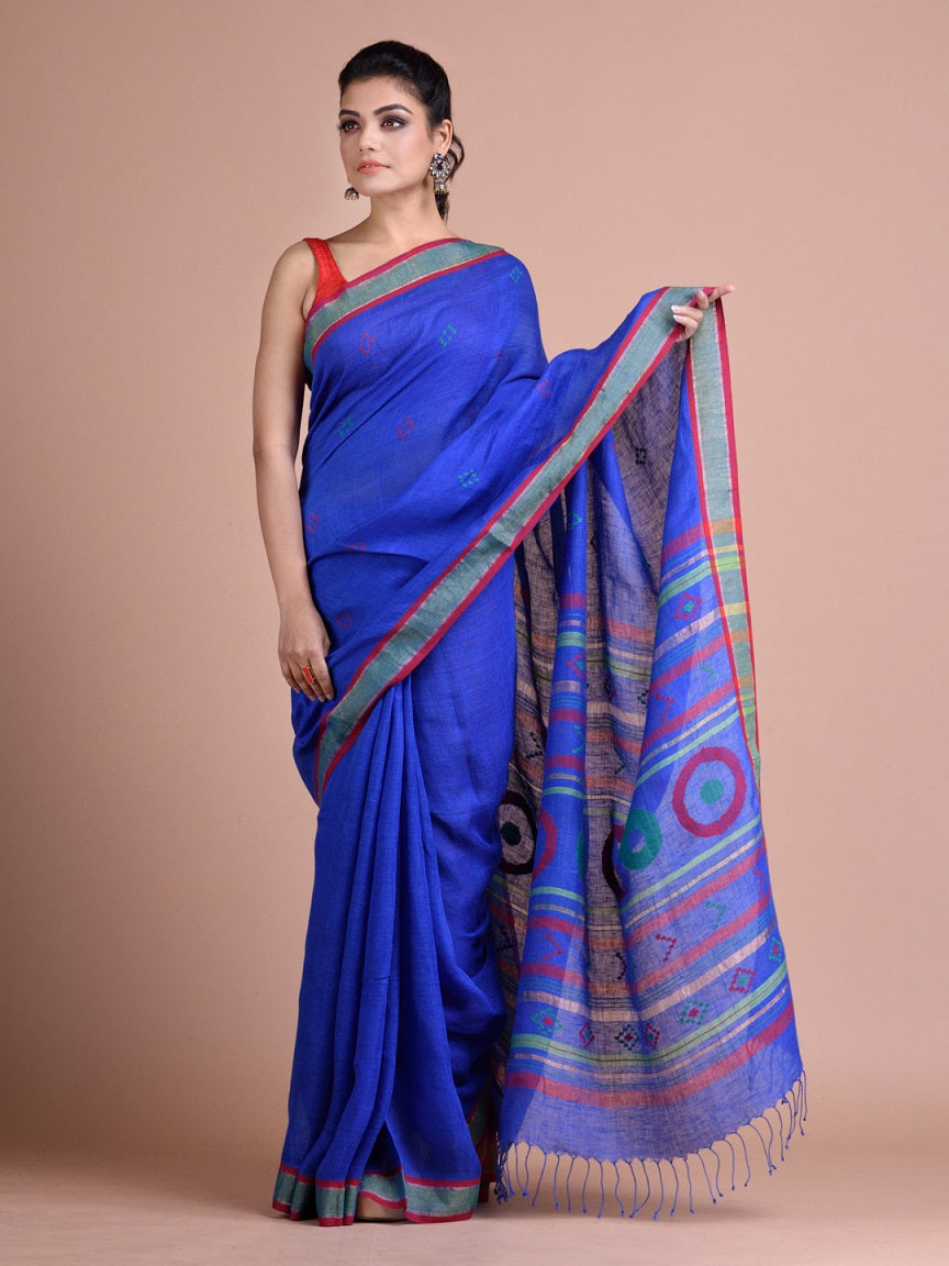 Cobalt Blue Linen Saree With Zari Border