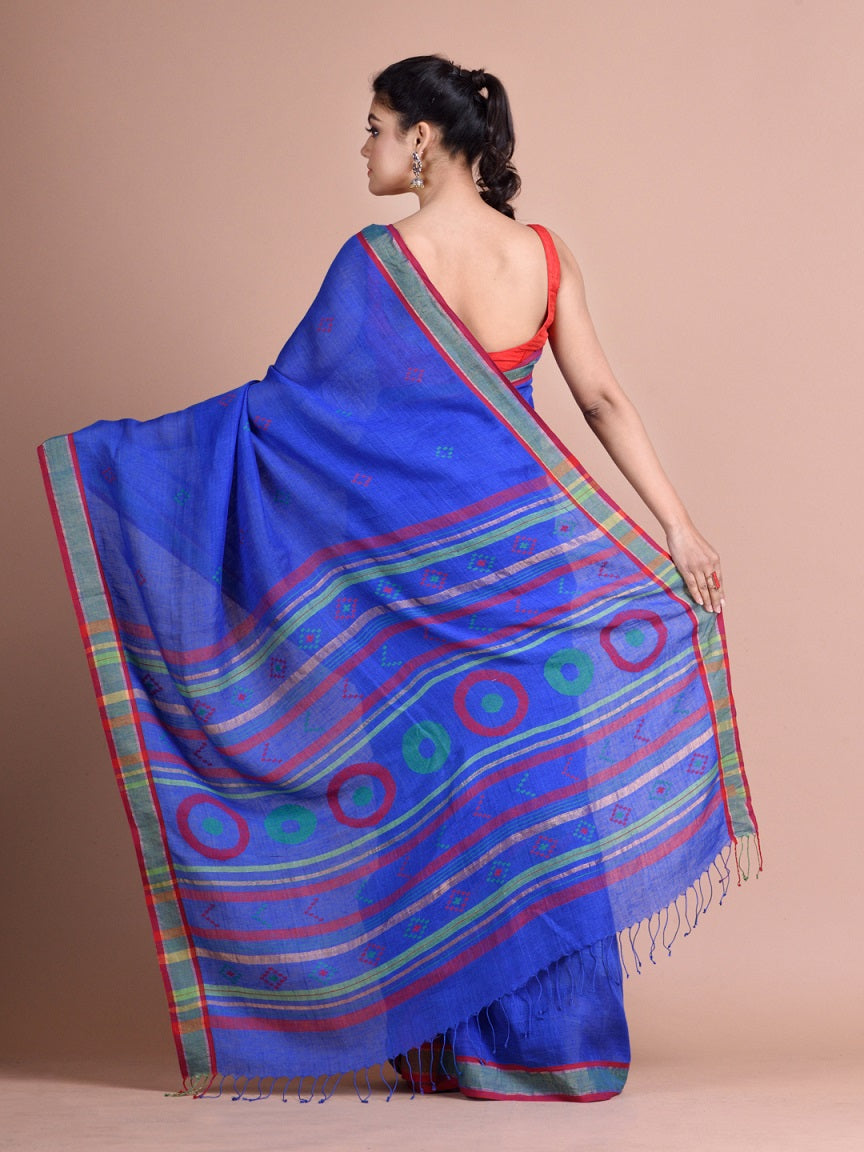 Cobalt Blue Linen Saree With Zari Border