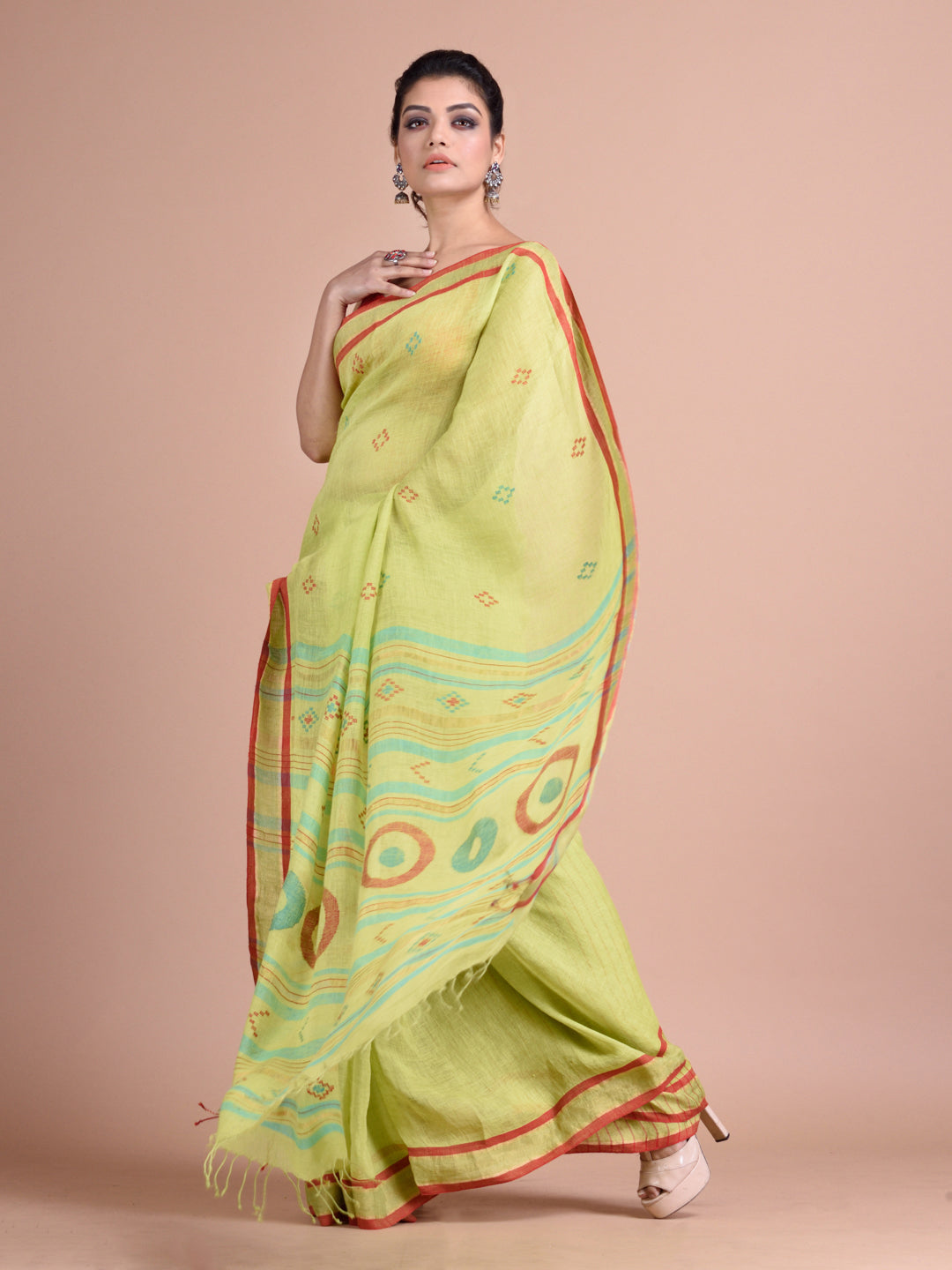 Lemon Green Hand Woven Linen with Zari Border