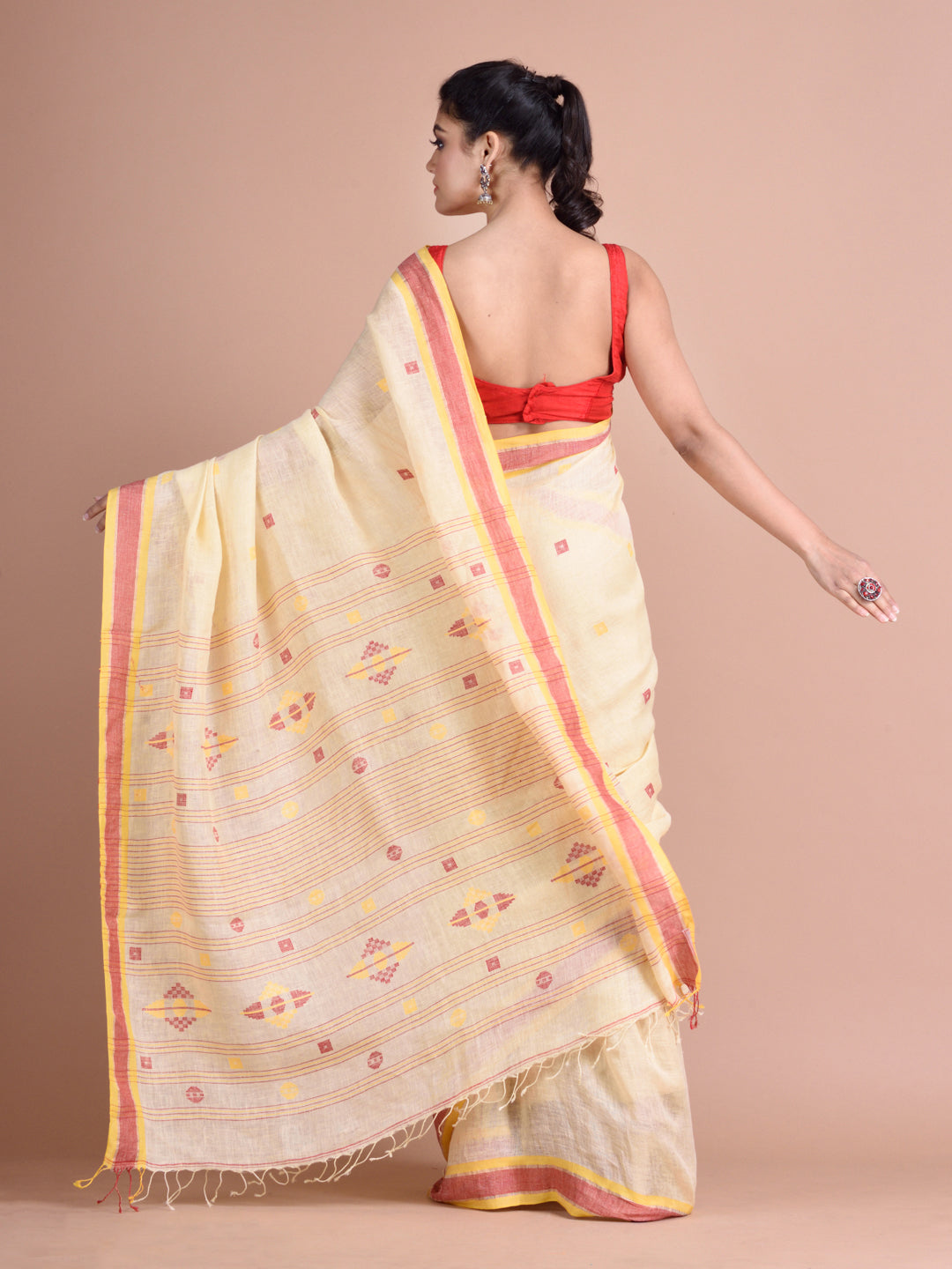 Cream Yellow Hand Woven Linen with Zari Border