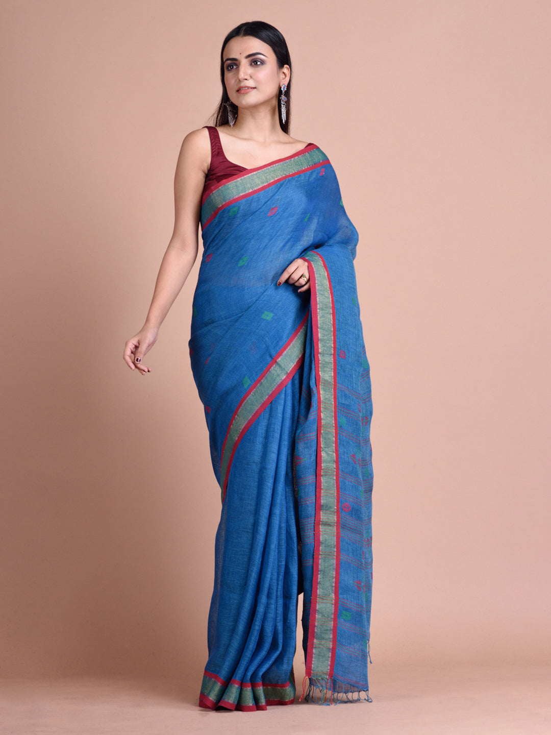 Powder Cobalt Blue Linen Saree With Woven Designs