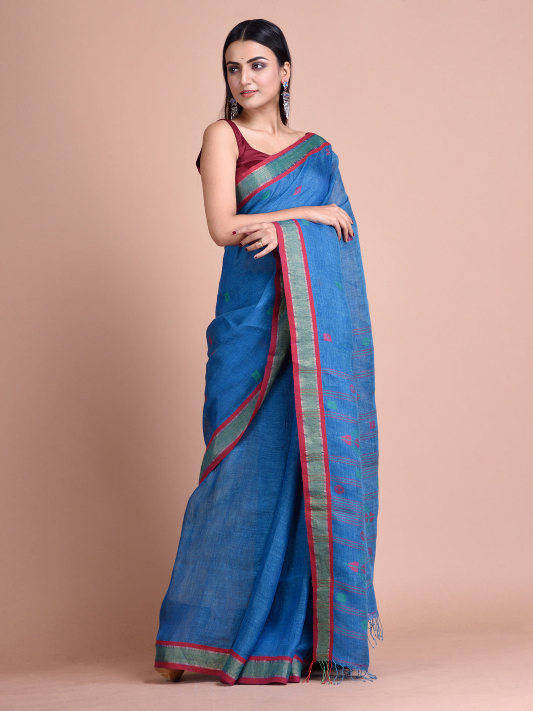 Powder Cobalt Blue Linen Saree With Woven Designs