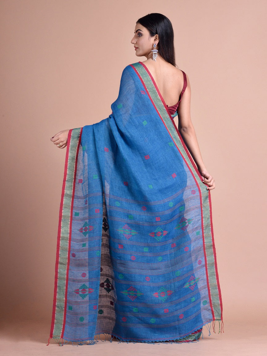 Powder Cobalt Blue Linen Saree With Woven Designs