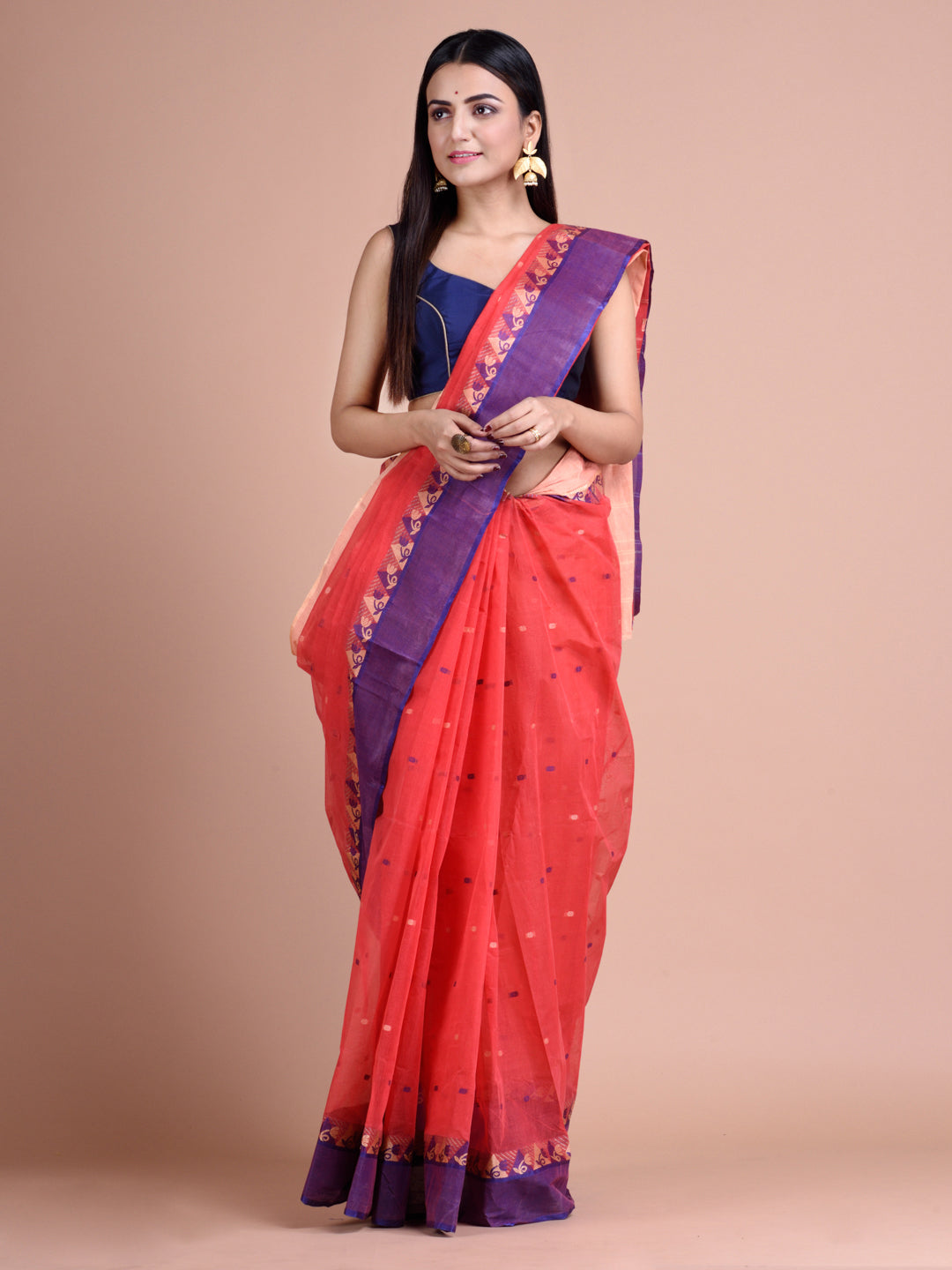 Candy Red Tangail Saree With Floral Designs