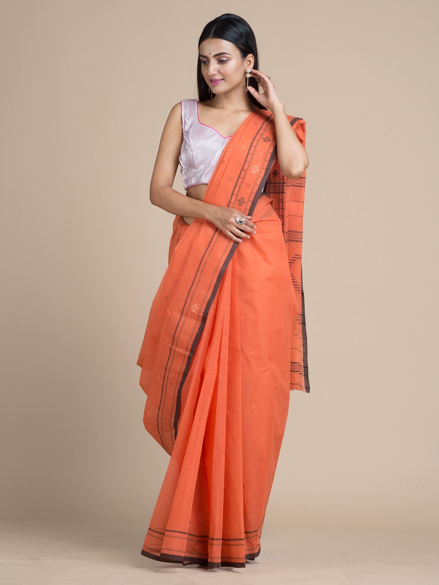 Coral Orange Pure Cotton Saree With Woven Designs