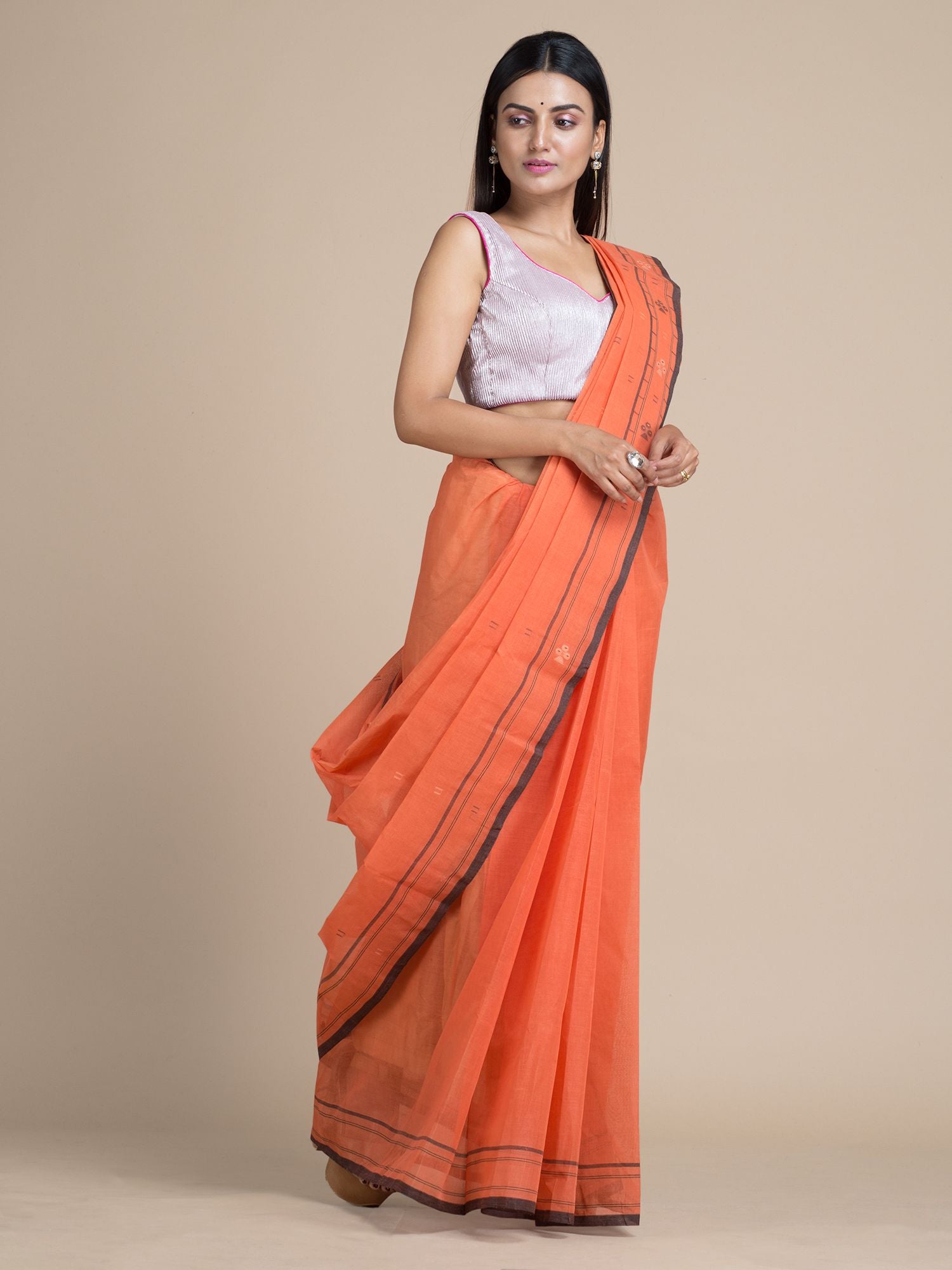 Coral Orange Pure Cotton Saree With Woven Designs